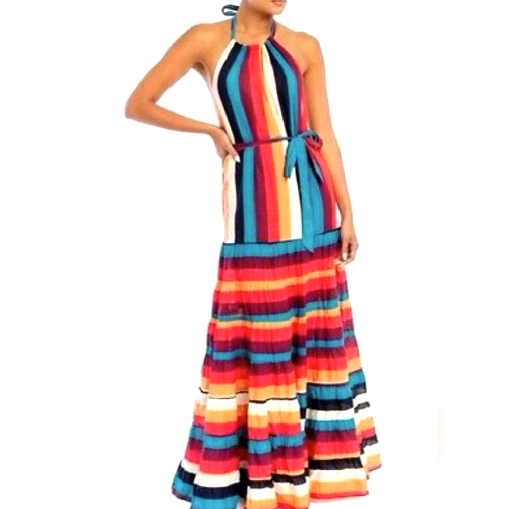 Luxxel Rainbow Stripe Halter Maxi Low Back Sash Waist Tie Ruffle Hem Dress